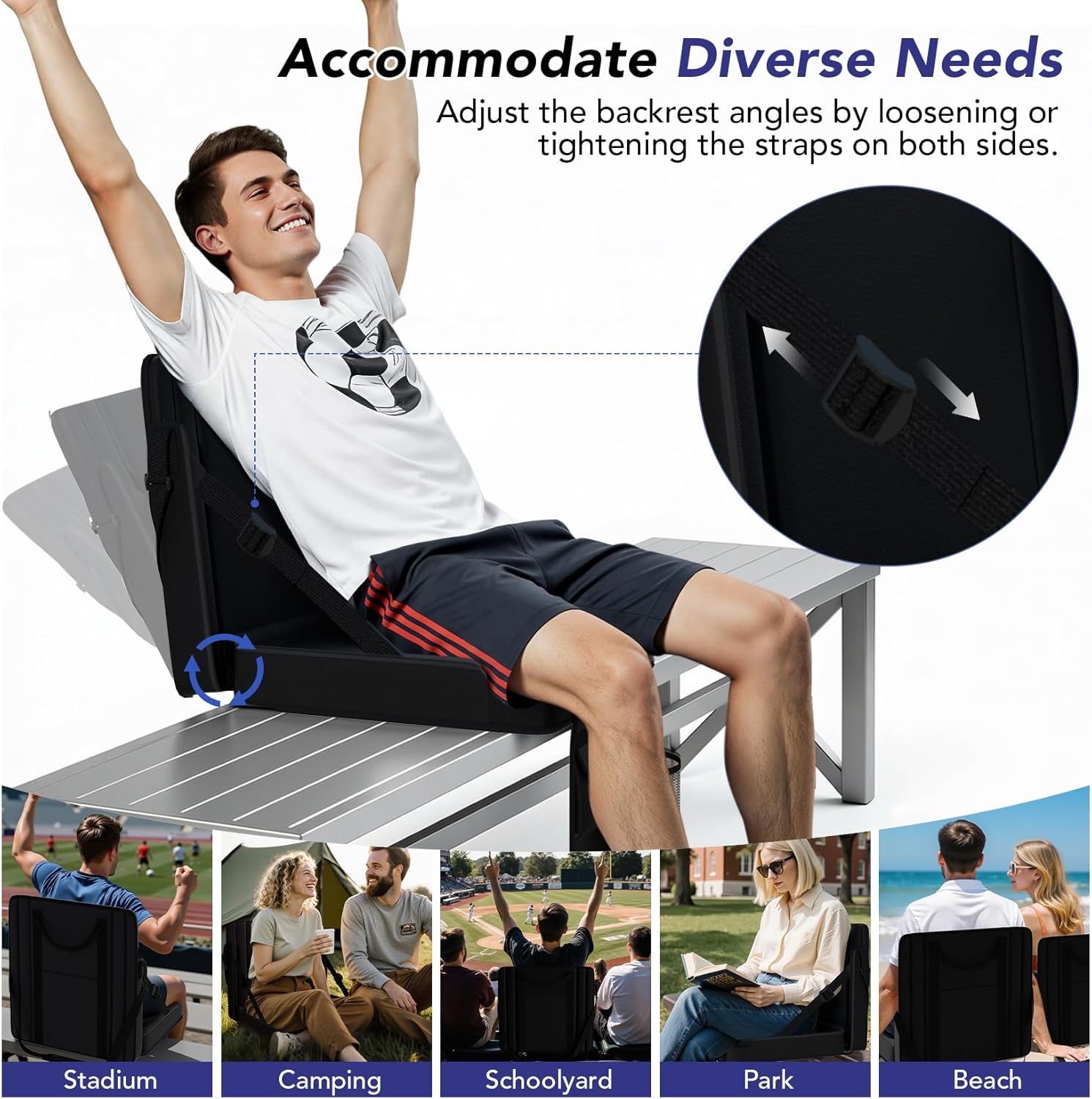 Stadium Seats with Back Support 2PACKS Adjustable Bleacher Chairs with Back and Cushion Bleacher Seat with Cup Holder, Carry Handle & Shoulder Strap for Outdoor Sports Events, Picnics, Beaches